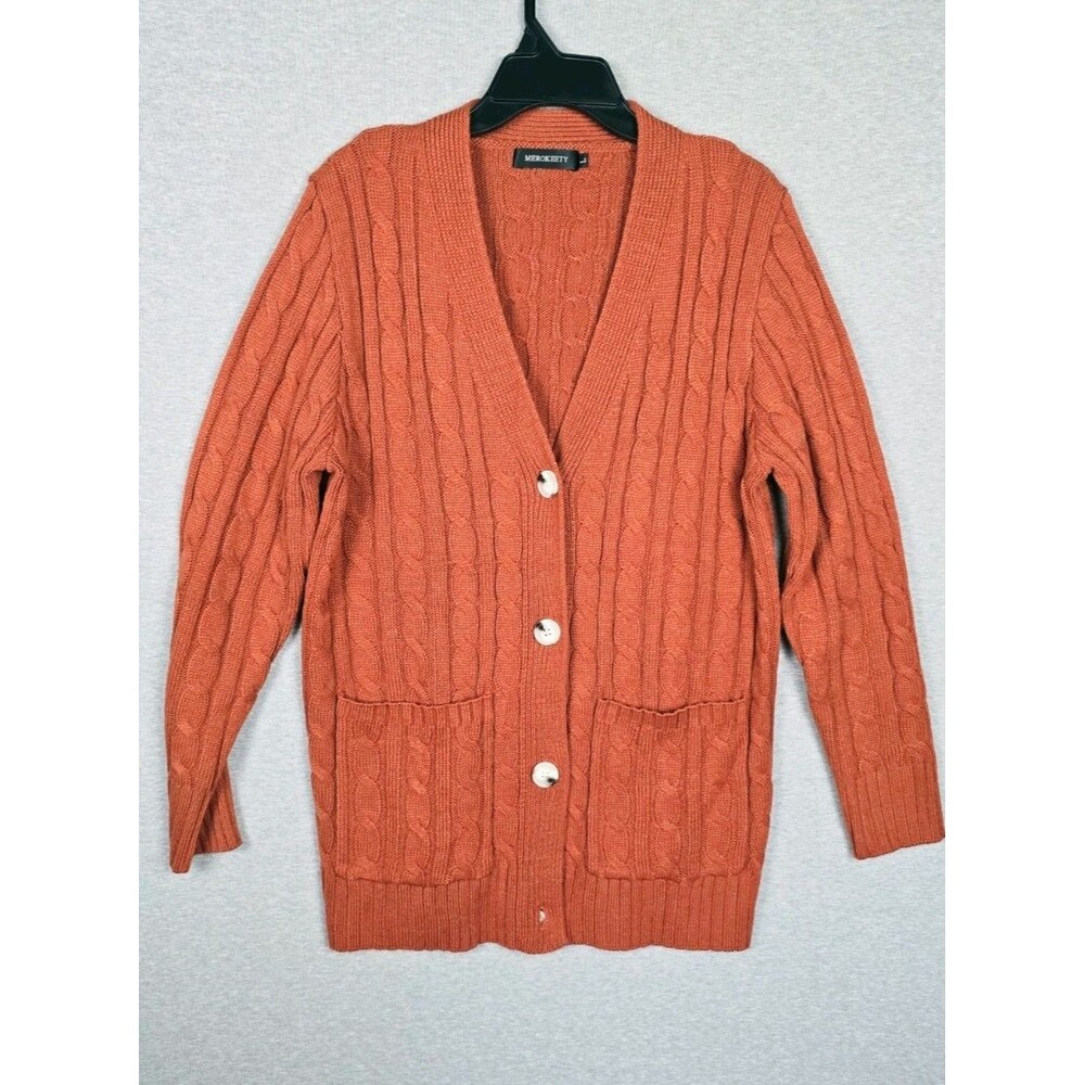MEROKEETY Women Rust Orange Cable Knit Longline Button Front Cardigan Sweater L